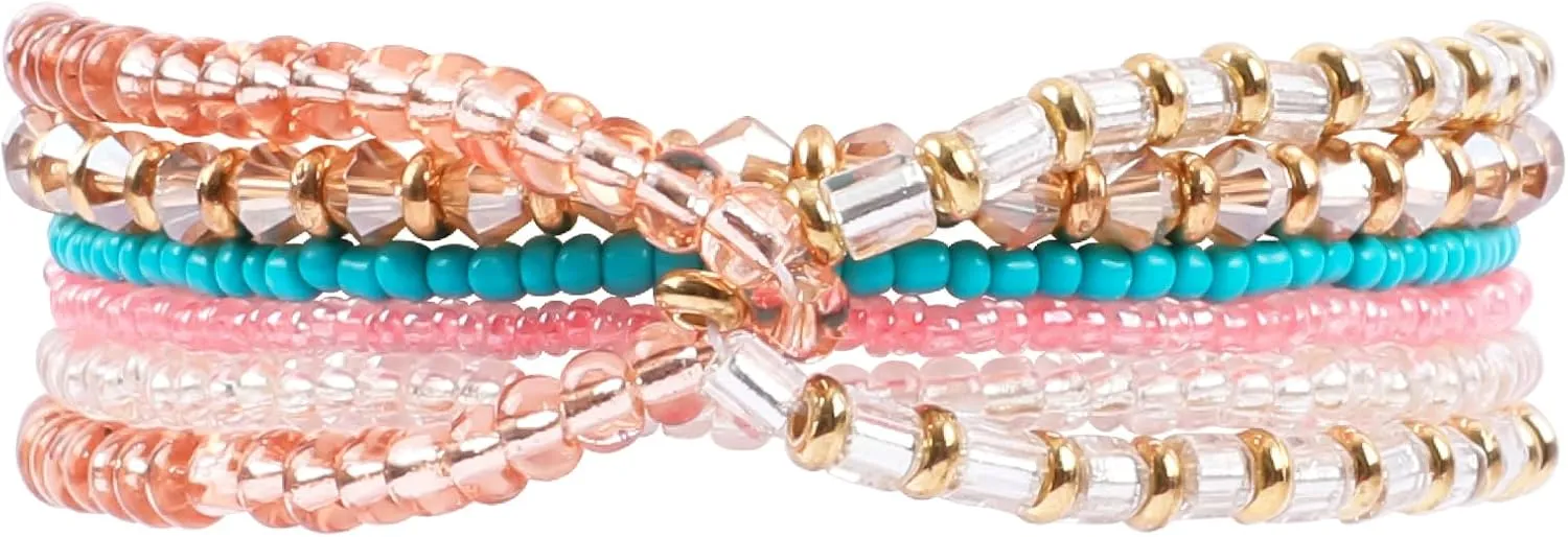 Colorful Bohemian Multilayered Beaded Bracelets for Women Stackable Small Glass Seed Beads Bracelet Set Boho Handmade Statement Bracelets Holiday Summer Beach Jewelry Gift for Her, Pink and Green