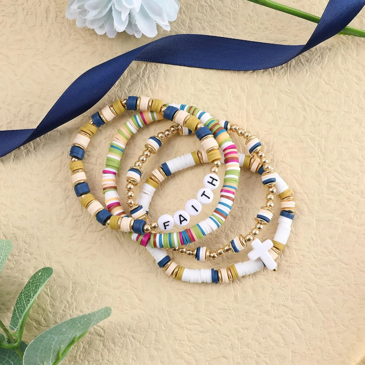 Colorful Heishi Surfer Bracelets Set for Women Stackable Clay Beaded Bracelets Disc Stretch Preppy Bracelets Smiley Face Friendship Bracelets Team Cheer Bulk Boho Summer Beach Jewelry Gift