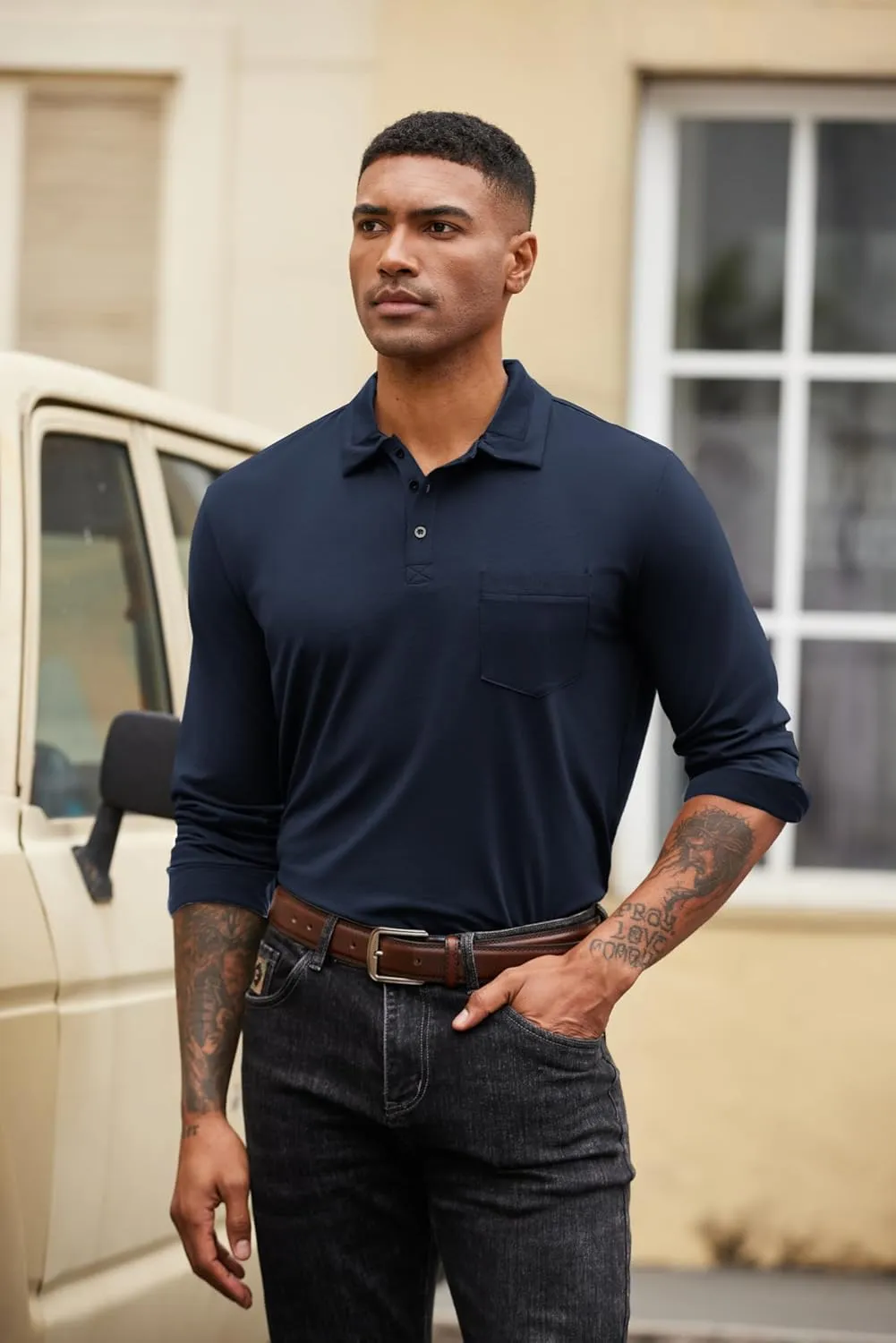 COOFANDY Men's Casual Polo Shirt Long Sleeve Classic Plaid Button Tees with Pockets