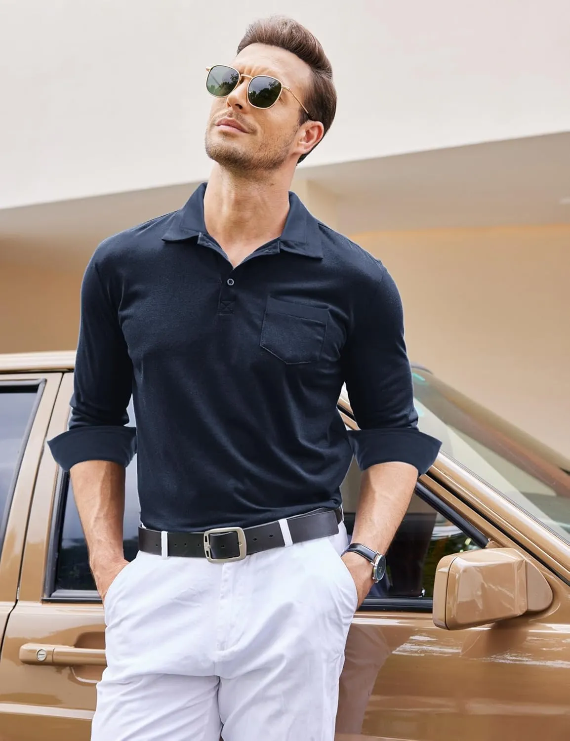COOFANDY Men's Casual Polo Shirt Long Sleeve Classic Plaid Button Tees with Pockets