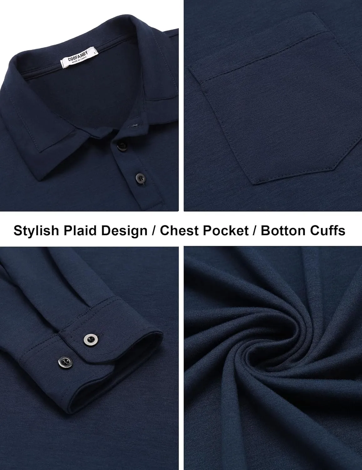 COOFANDY Men's Casual Polo Shirt Long Sleeve Classic Plaid Button Tees with Pockets
