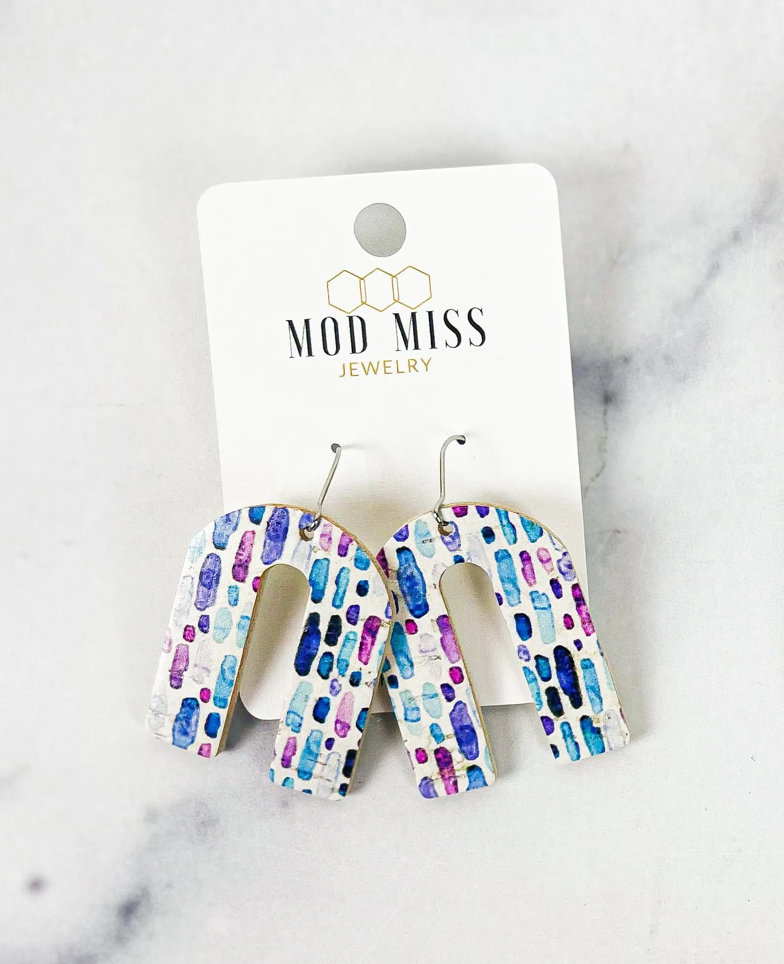 Cork Leather Arch Earring Watercolor Splash