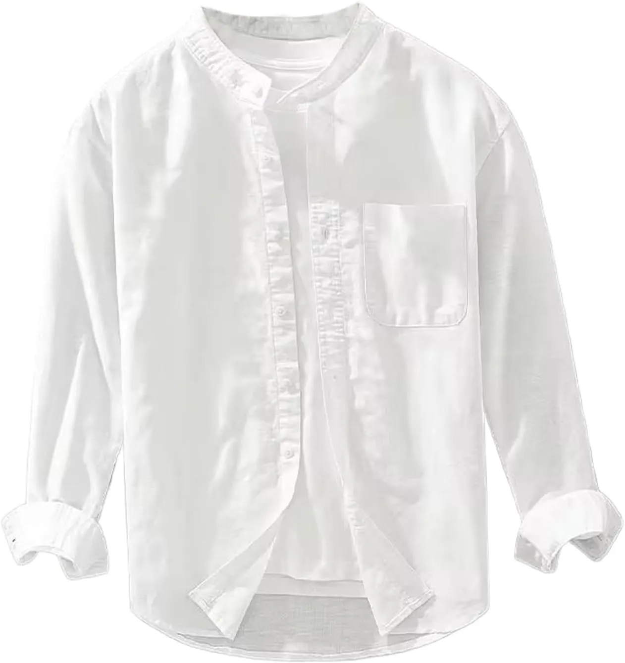 Cotton Linen Long Sleeve Shirt for Men Stand Collar Loose Shirts Solid Classic Men's Clothing