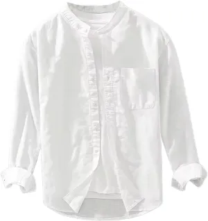 Cotton Linen Long Sleeve Shirt for Men Stand Collar Loose Shirts Solid Classic Men's Clothing