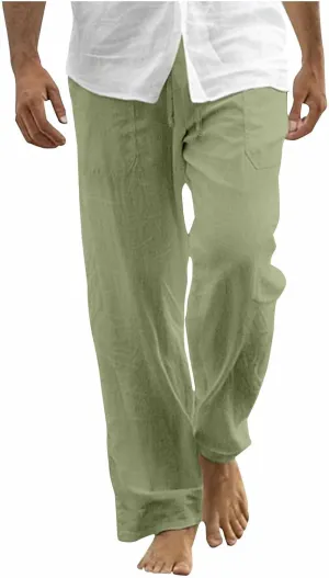 Cotton Linen Men's Wide Leg Linen Pants Elastic Waistband Comfortable Relax Fit Casual Beachwear Yoga Lounge