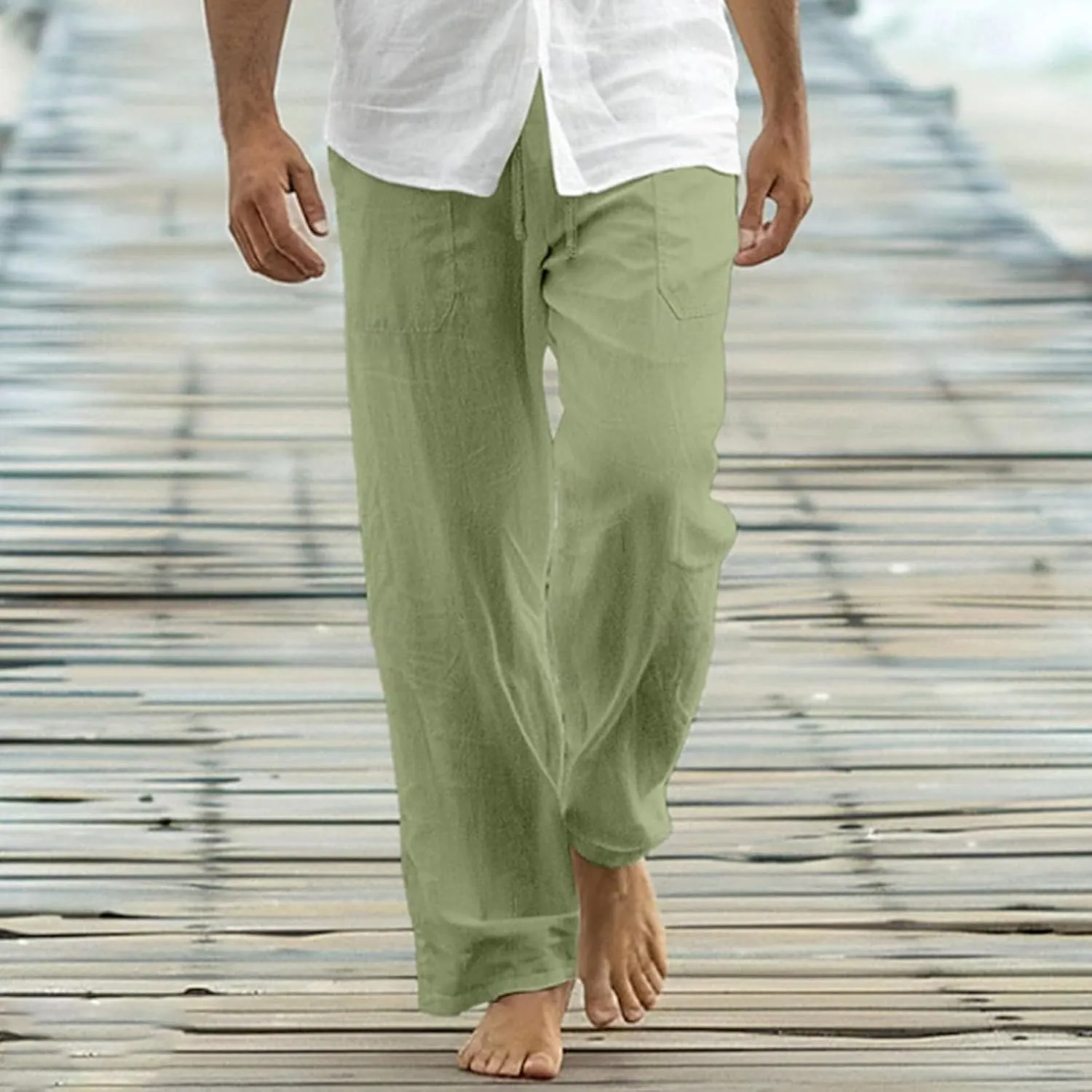 Cotton Linen Men's Wide Leg Linen Pants Elastic Waistband Comfortable Relax Fit Casual Beachwear Yoga Lounge