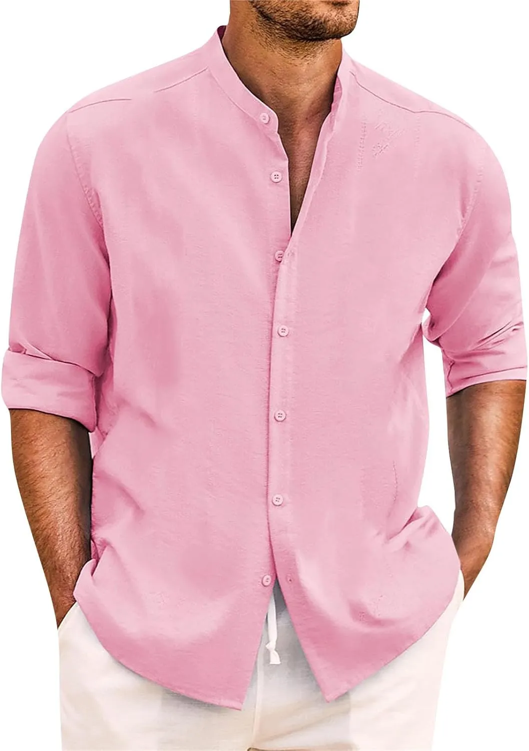 Cotton Linen Shirt for Men Long Sleeve Mandarin Collar Button Down Shirt Lightweight Breathable Beach Tops