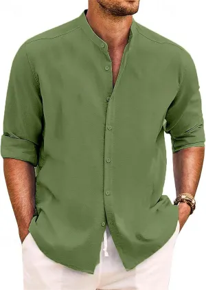 Cotton Linen Shirt for Men Long Sleeve Mandarin Collar Button Down Shirt Lightweight Breathable Beach Tops