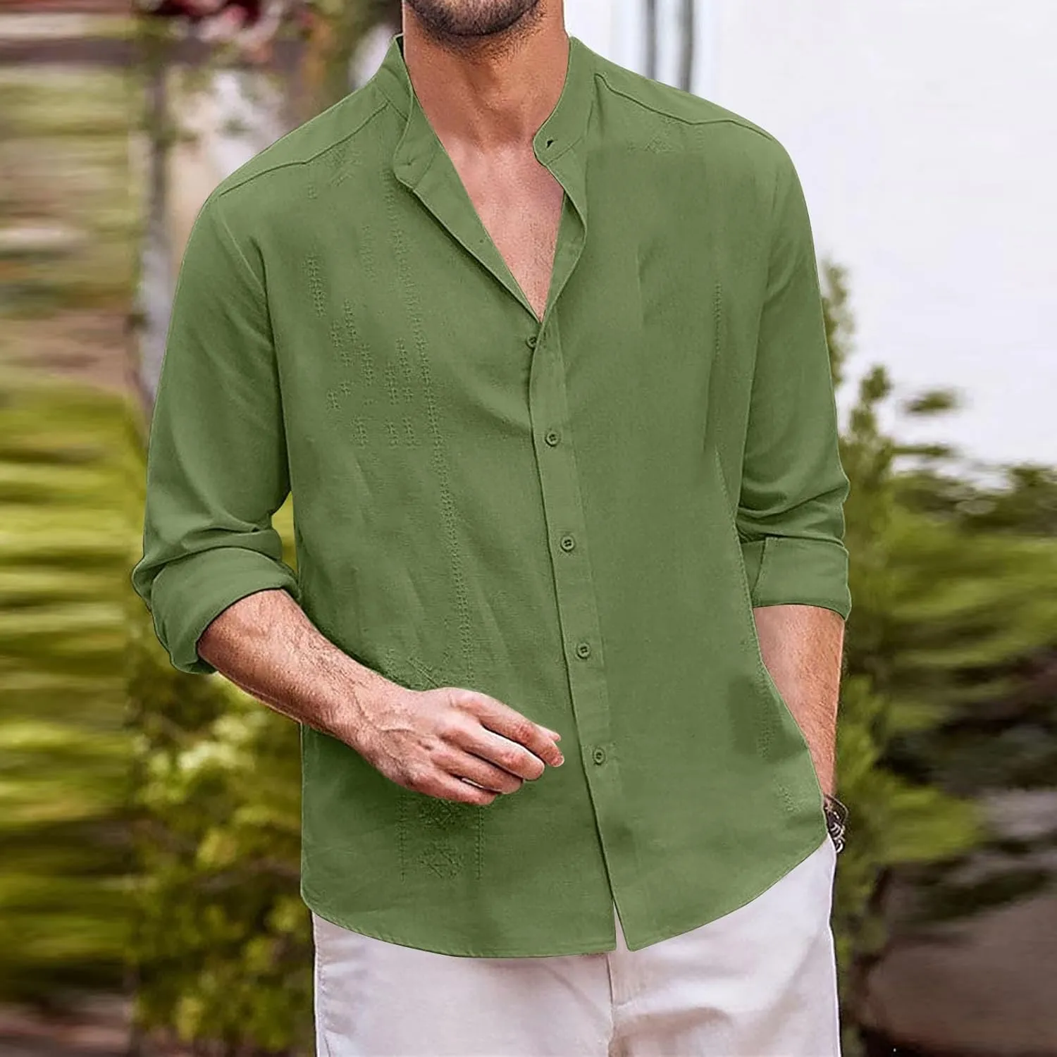 Cotton Linen Shirt for Men Long Sleeve Mandarin Collar Button Down Shirt Lightweight Breathable Beach Tops