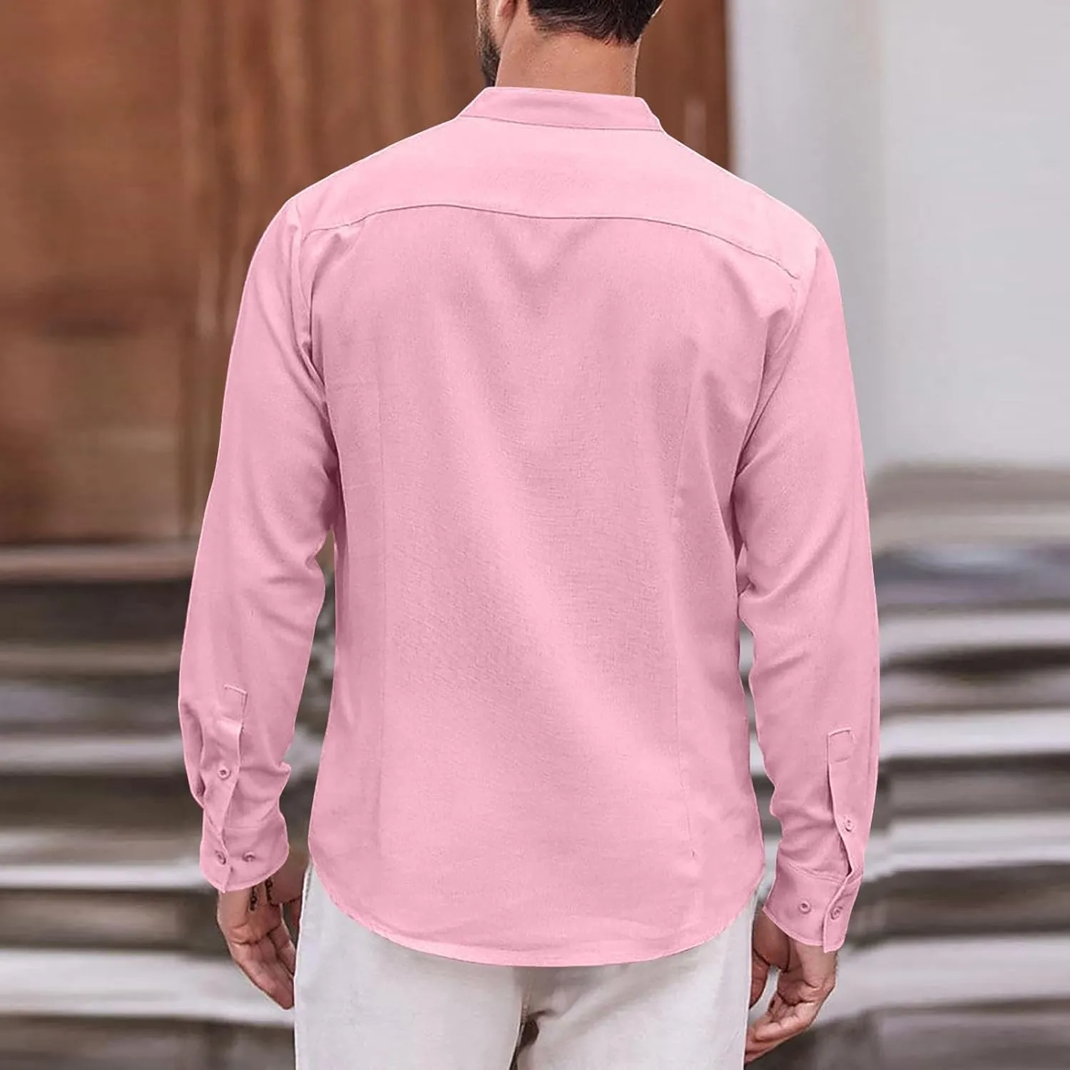 Cotton Linen Shirt for Men Long Sleeve Mandarin Collar Button Down Shirt Lightweight Breathable Beach Tops
