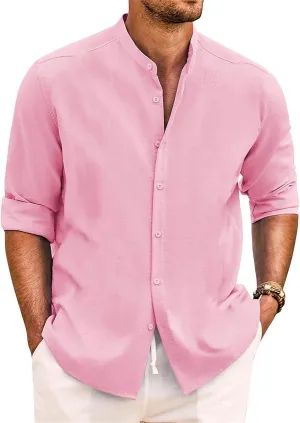Cotton Linen Shirt for Men Long Sleeve Mandarin Collar Button Down Shirt Lightweight Breathable Beach Tops
