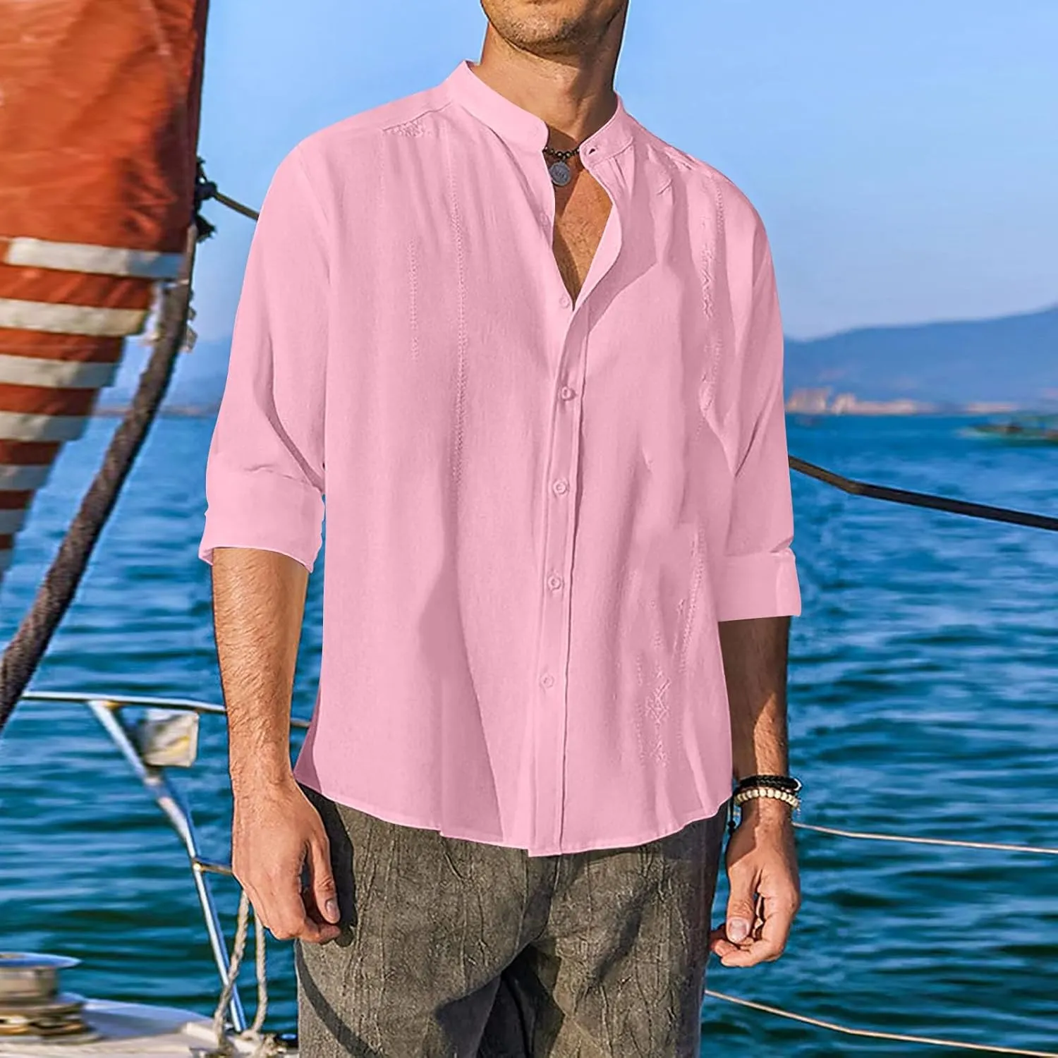 Cotton Linen Shirt for Men Long Sleeve Mandarin Collar Button Down Shirt Lightweight Breathable Beach Tops