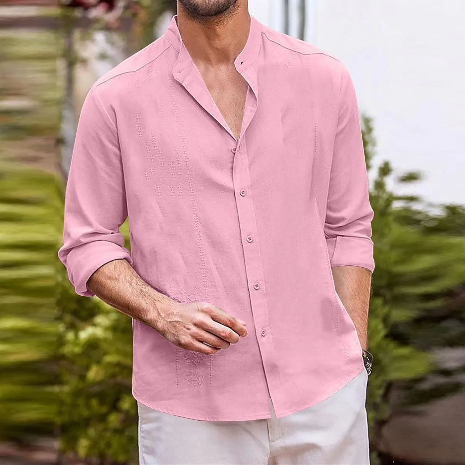 Cotton Linen Shirt for Men Long Sleeve Mandarin Collar Button Down Shirt Lightweight Breathable Beach Tops