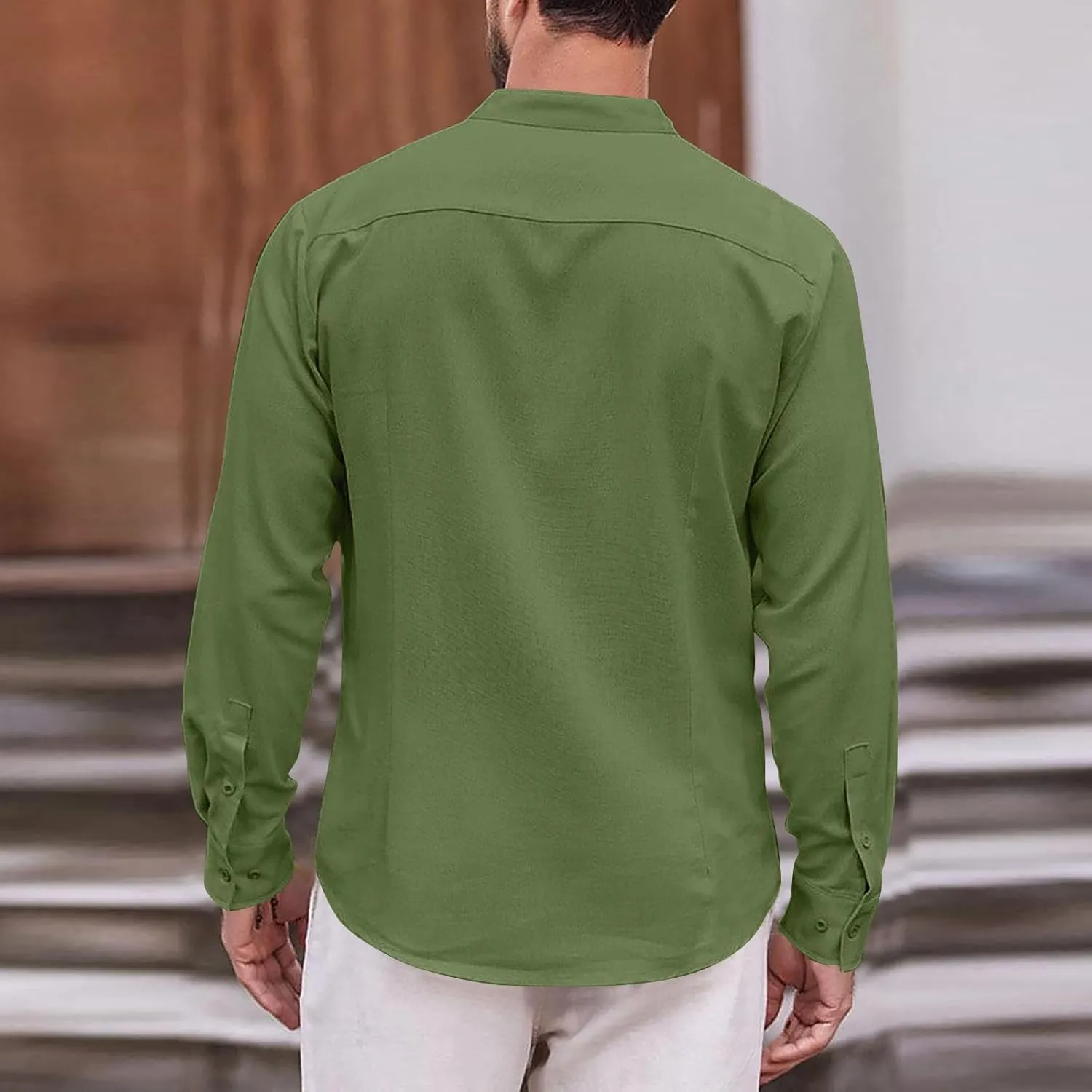 Cotton Linen Shirt for Men Long Sleeve Mandarin Collar Button Down Shirt Lightweight Breathable Beach Tops