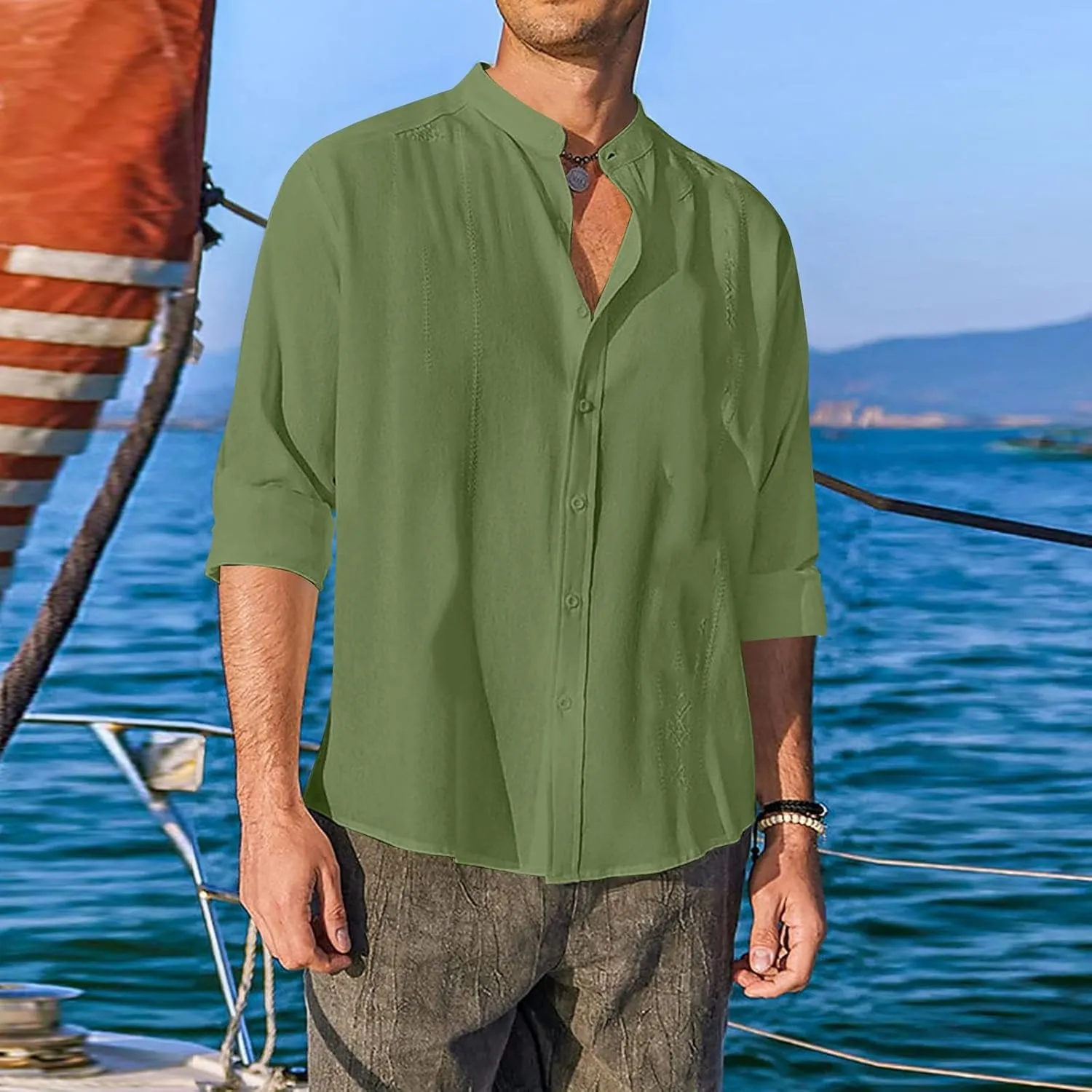 Cotton Linen Shirt for Men Long Sleeve Mandarin Collar Button Down Shirt Lightweight Breathable Beach Tops