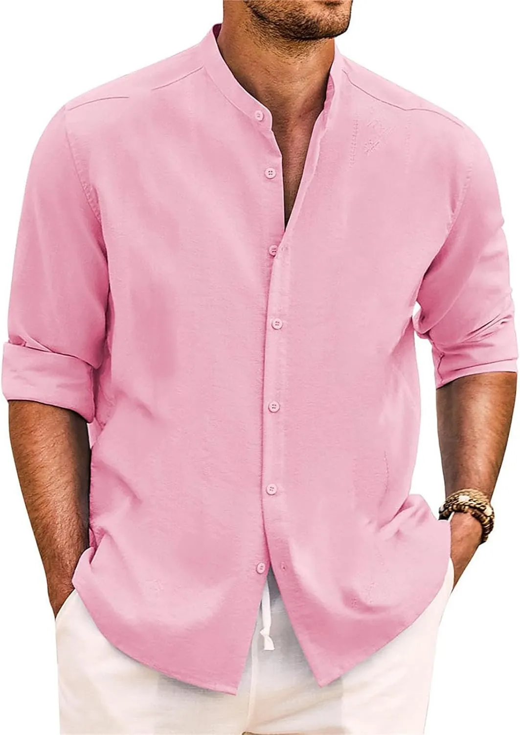 Cotton Linen Shirt for Men Long Sleeve Mandarin Collar Button Down Shirt Lightweight Breathable Beach Tops