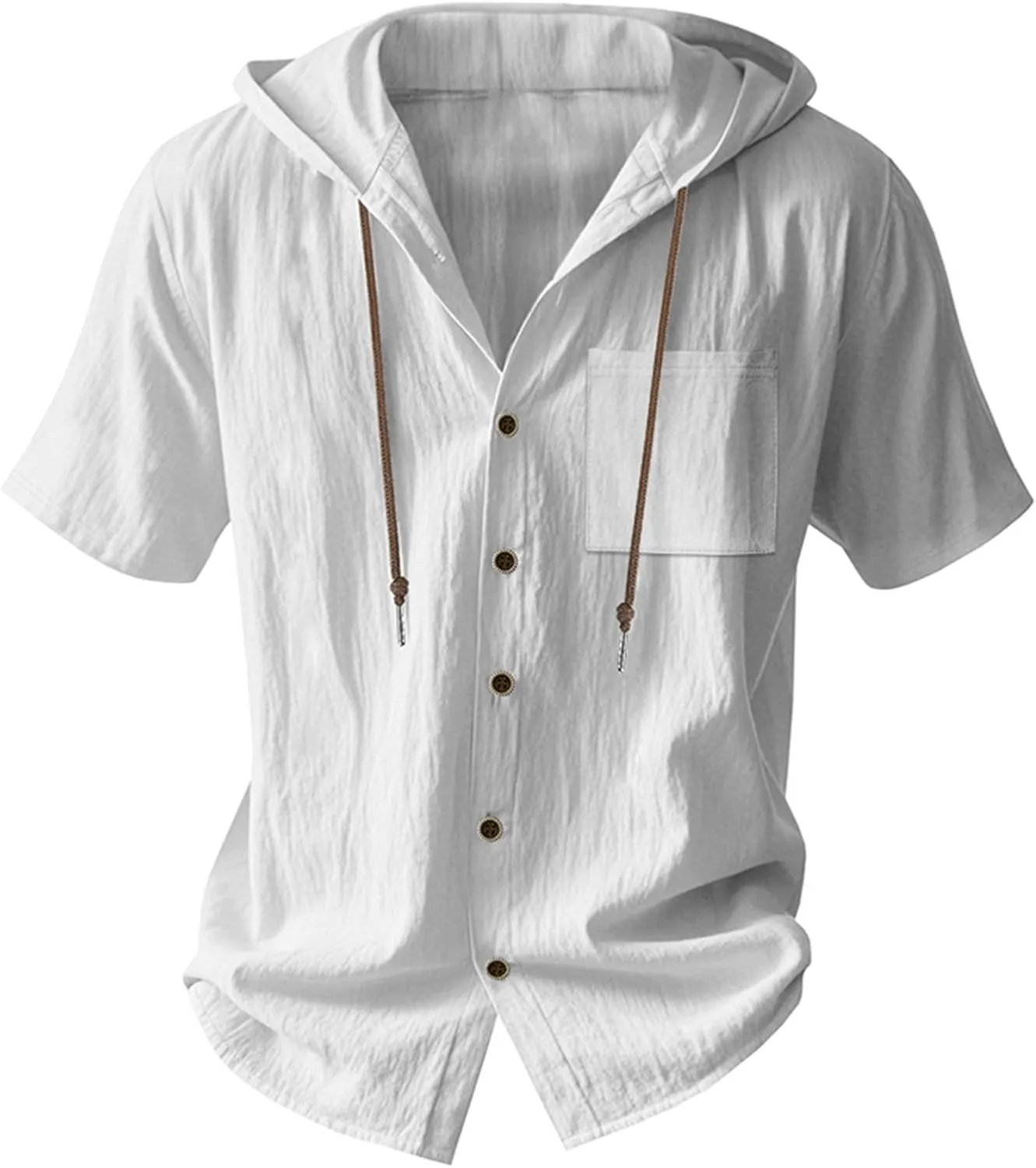 Cotton Linen Shirts for Men Casual Button Hooded Top Summer Drawstring Hoodie Beach Short Sleeve Shirt with Pocket