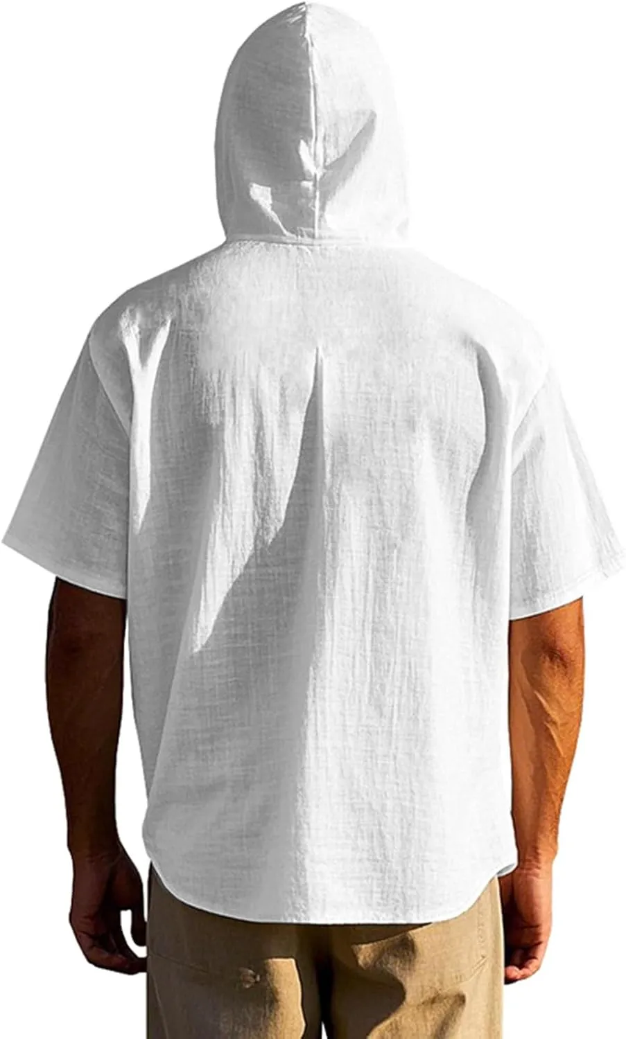 Cotton Linen Shirts for Men Casual Button Hooded Top Summer Drawstring Hoodie Beach Short Sleeve Shirt with Pocket