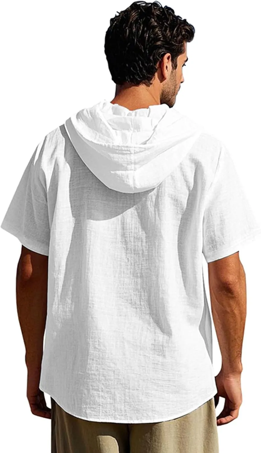 Cotton Linen Shirts for Men Casual Button Hooded Top Summer Drawstring Hoodie Beach Short Sleeve Shirt with Pocket