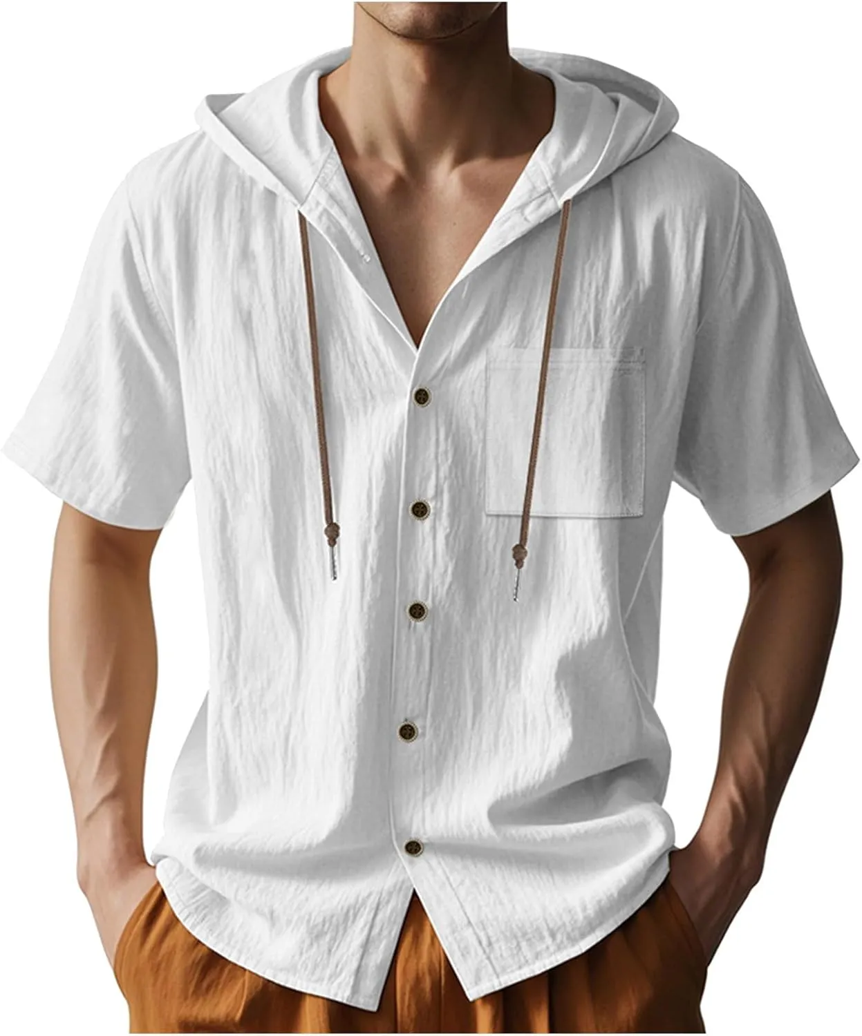 Cotton Linen Shirts for Men Casual Button Hooded Top Summer Drawstring Hoodie Beach Short Sleeve Shirt with Pocket