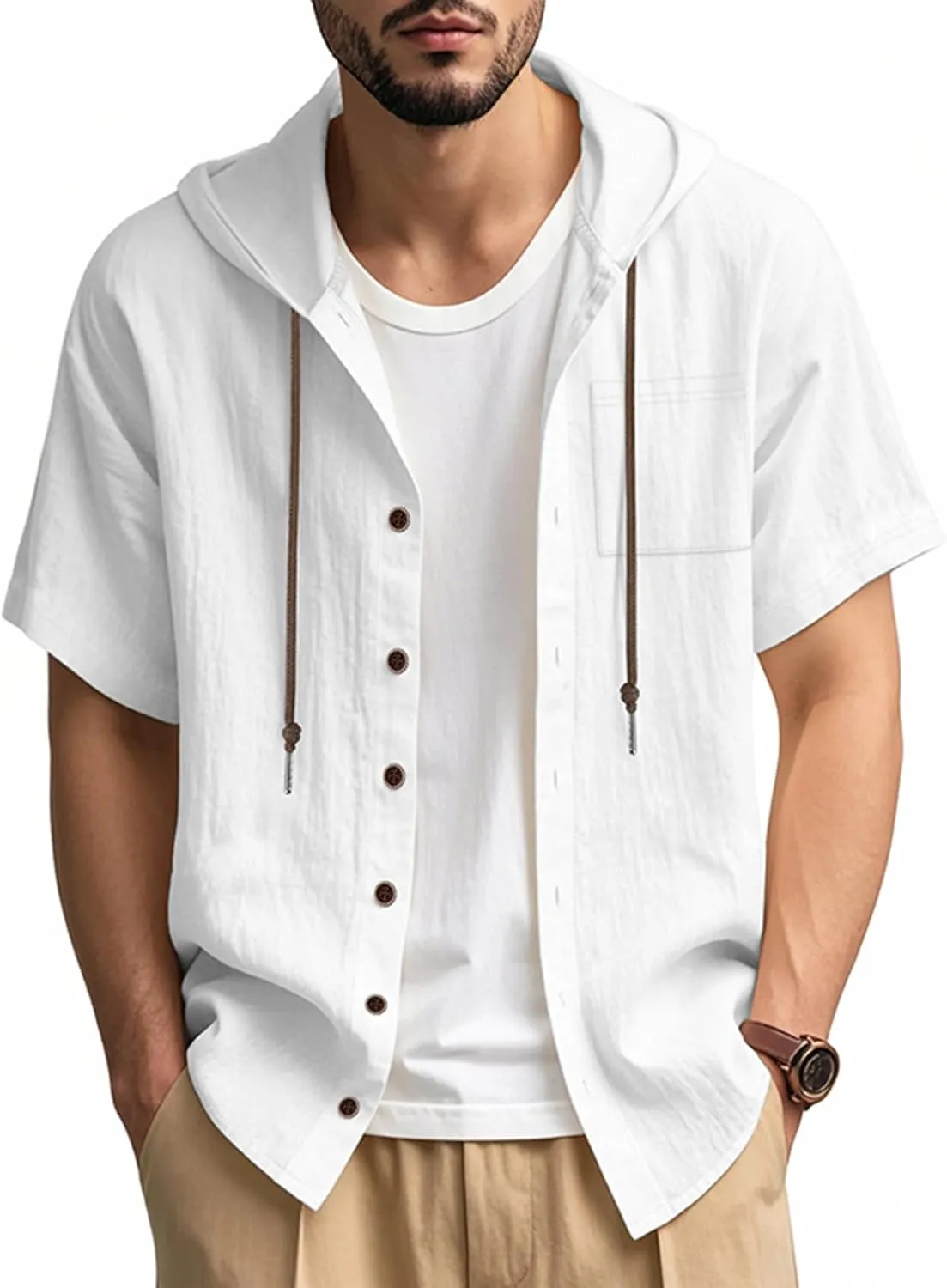 Cotton Linen Shirts for Men Casual Button Hooded Top Summer Drawstring Hoodie Beach Short Sleeve Shirt with Pocket