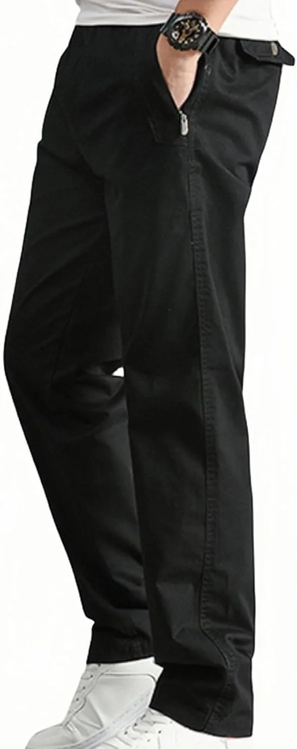 Cotton Men's Casual Chino Pants Elastic Relaxed Straight Leg Breathable Daily Travel Comfy Work Versatile Trousers
