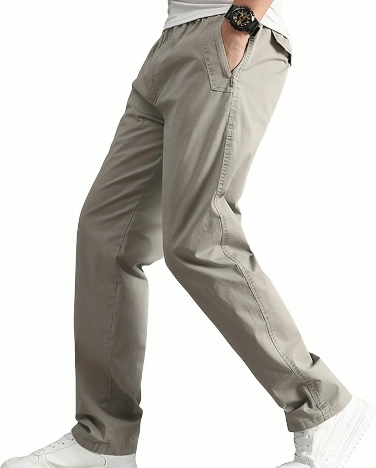 Cotton Men's Casual Chino Pants Elastic Relaxed Straight Leg Breathable Daily Travel Comfy Work Versatile Trousers
