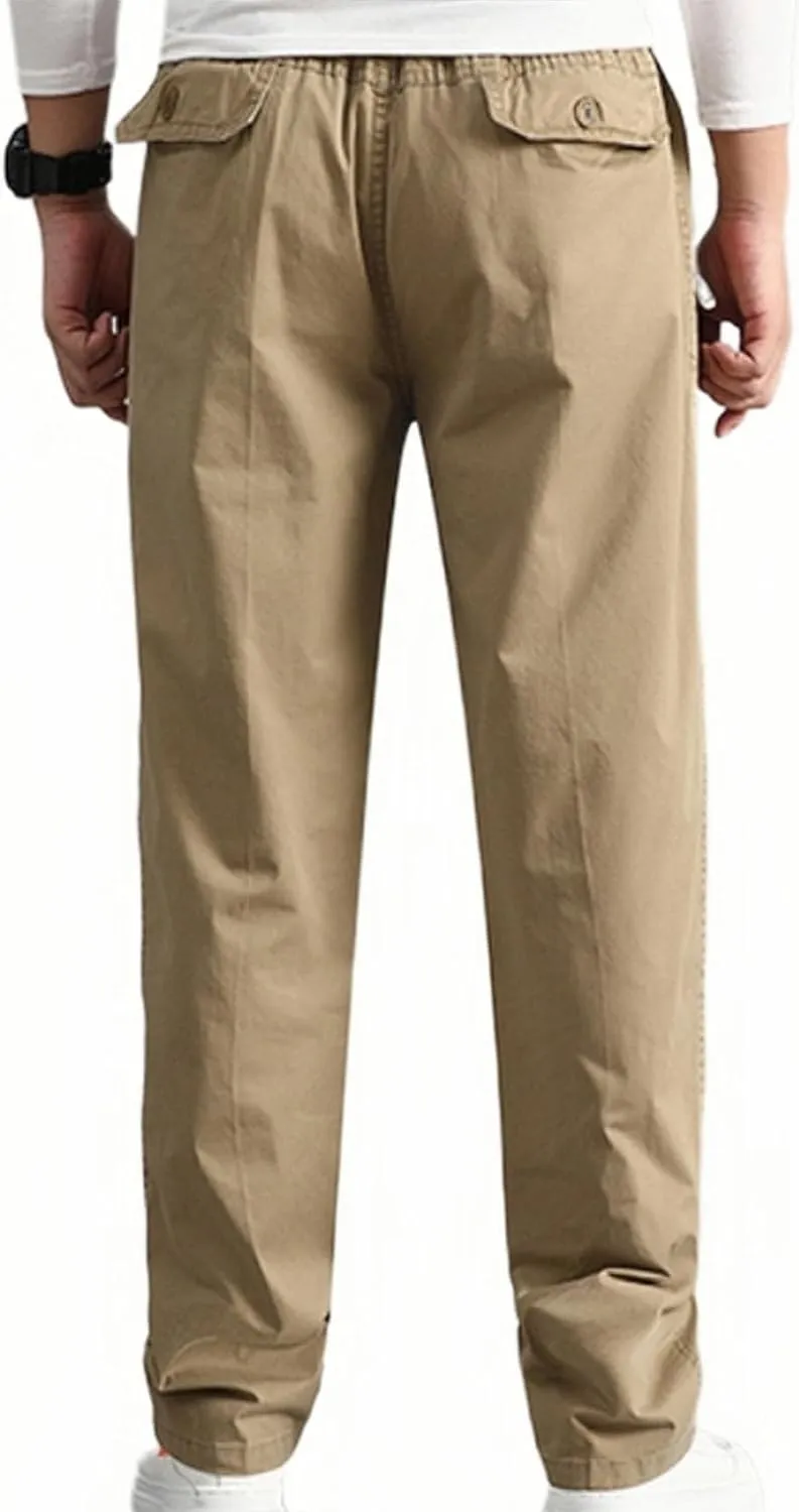 Cotton Men's Casual Chino Pants Elastic Relaxed Straight Leg Breathable Daily Travel Comfy Work Versatile Trousers