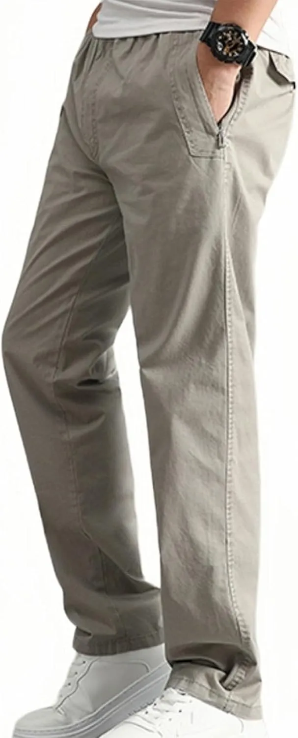 Cotton Men's Casual Chino Pants Elastic Relaxed Straight Leg Breathable Daily Travel Comfy Work Versatile Trousers
