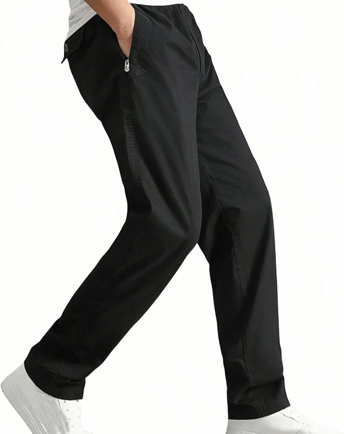 Cotton Men's Casual Chino Pants Elastic Relaxed Straight Leg Breathable Daily Travel Comfy Work Versatile Trousers