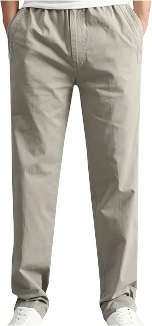 Cotton Men's Casual Chino Pants Elastic Relaxed Straight Leg Breathable Daily Travel Comfy Work Versatile Trousers