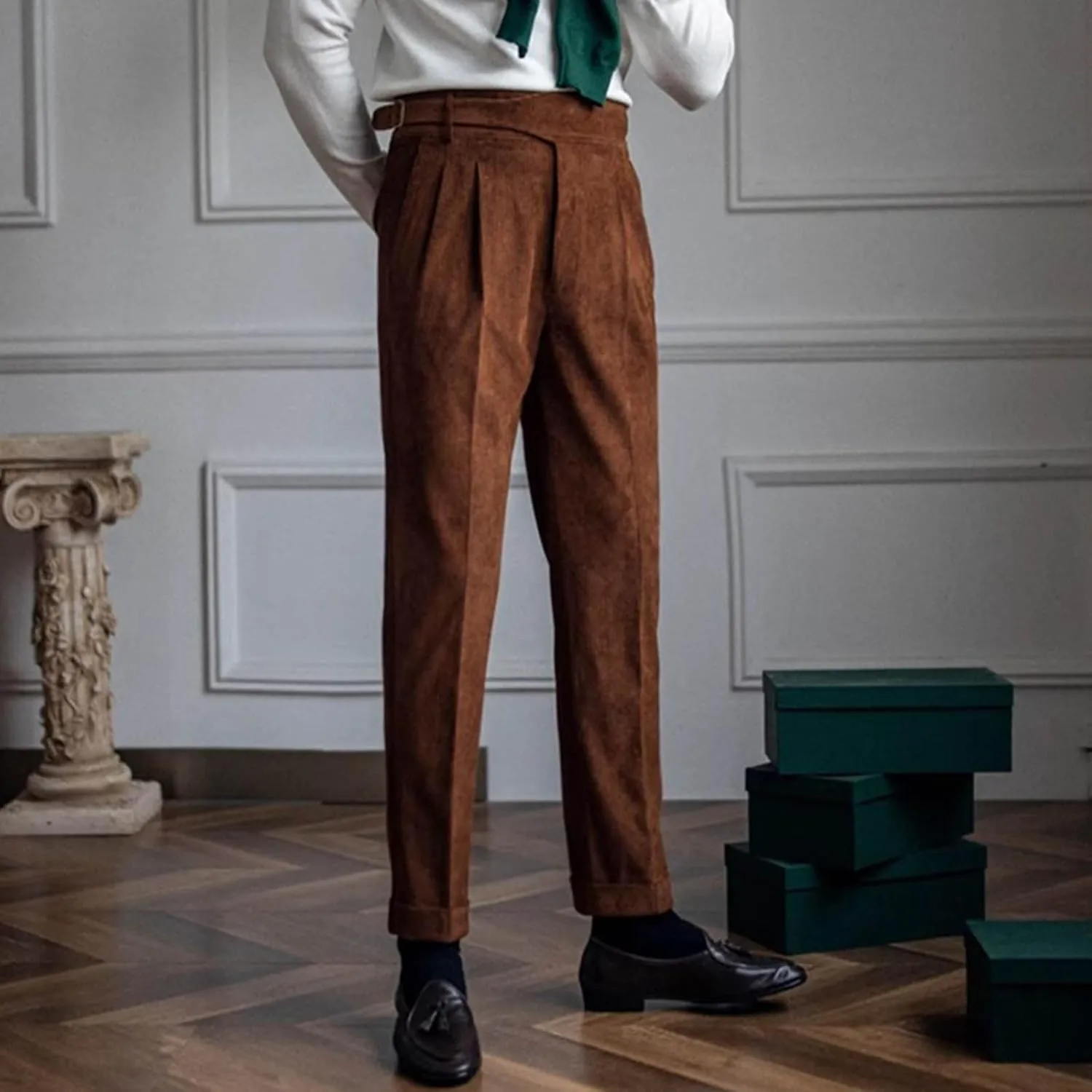 Cotton Straight Leg Dress Pants Men High Waist Business Formal Slim Pleats Comfortable Elegant Tailored Daily Office