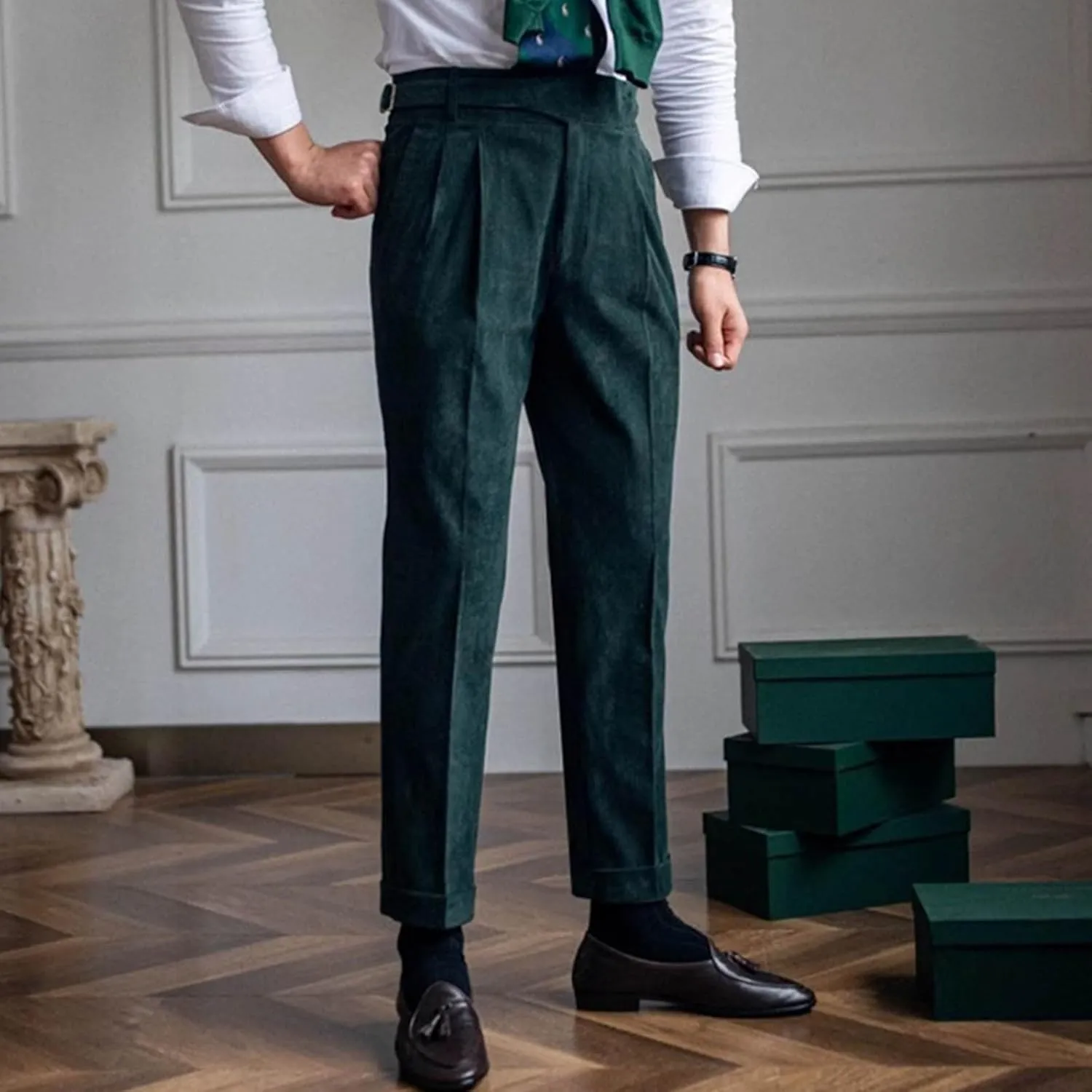 Cotton Straight Leg Dress Pants Men High Waist Business Formal Slim Pleats Comfortable Elegant Tailored Daily Office
