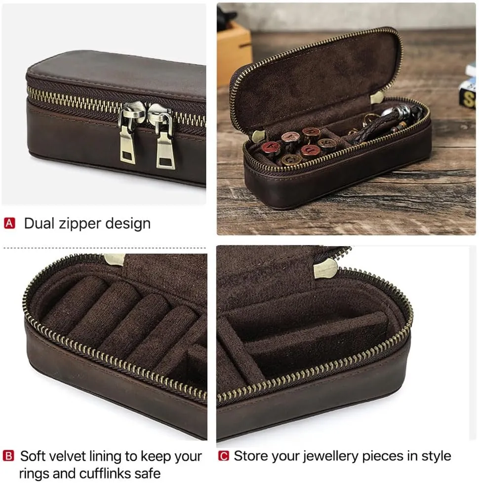 Crazy Horse Leather Cufflink Box for Men Travel Jewelry Storage Case Small Jewelry Organizer Padded Tray for Cufflinks Rings Earrings Studs