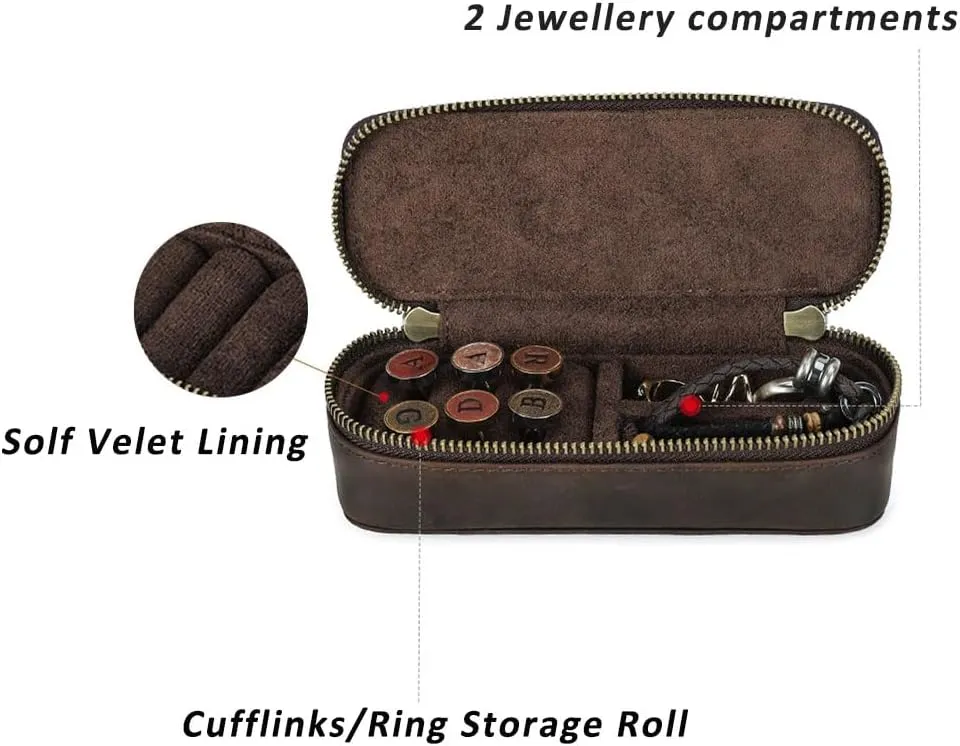 Crazy Horse Leather Cufflink Box for Men Travel Jewelry Storage Case Small Jewelry Organizer Padded Tray for Cufflinks Rings Earrings Studs