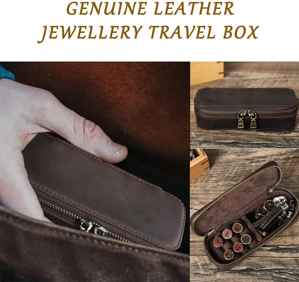 Crazy Horse Leather Cufflink Box for Men Travel Jewelry Storage Case Small Jewelry Organizer Padded Tray for Cufflinks Rings Earrings Studs