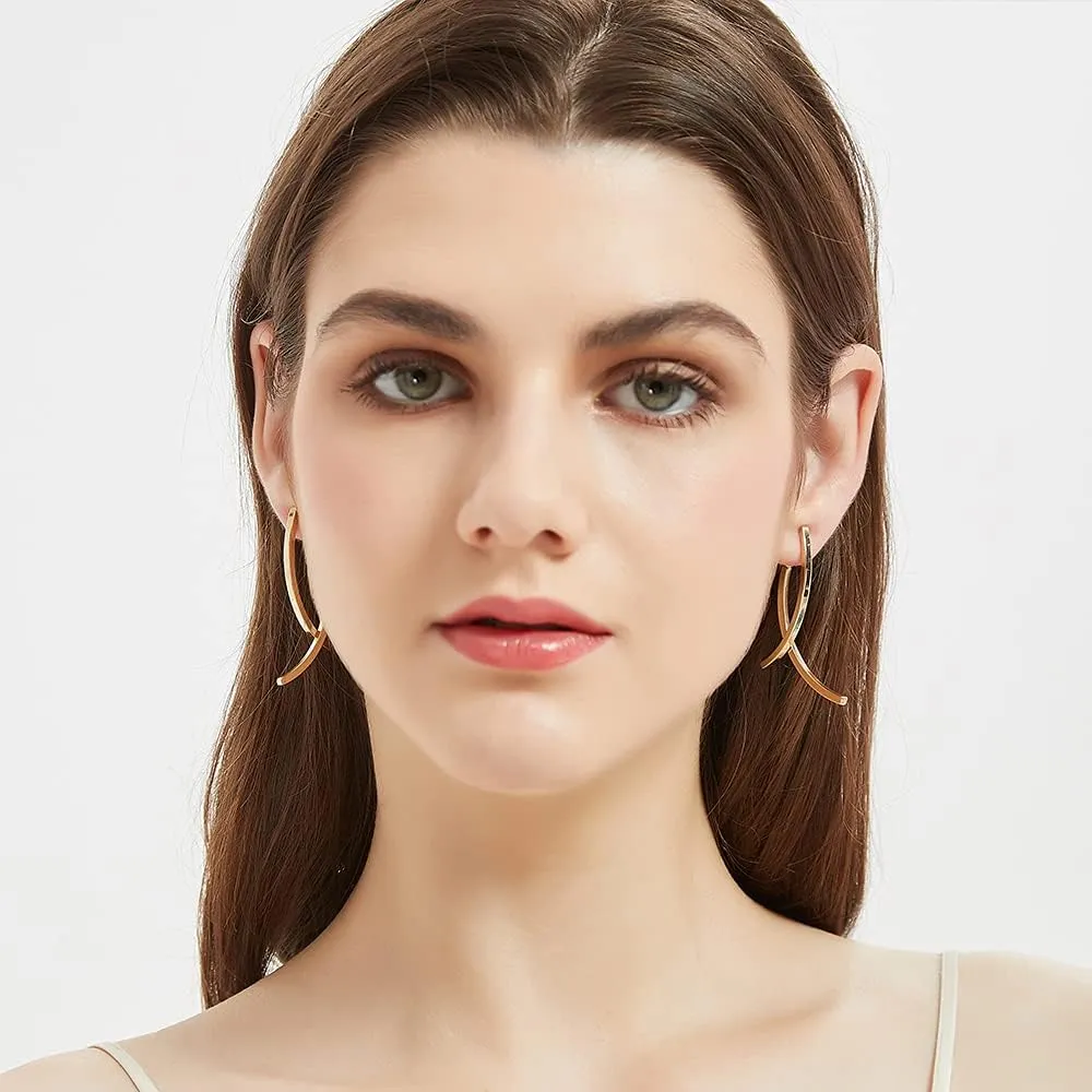 Cross Curved Drop Earrings - Long Bar Stick Dangle Earrings for Women