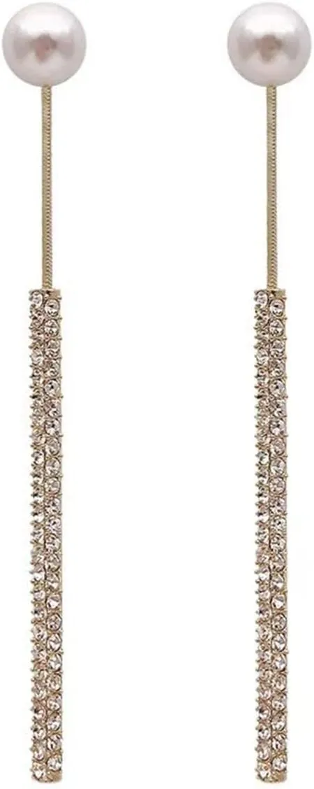 Crymystal Long Pearl Jacket Earrings Crystal Bar Dangle Drop Earrings Gold Pearl Stud Earrings Rhinestone Bar Tassel Drop Earrings Pearl Front Back Earrings for Teening Jewelry Party Prom