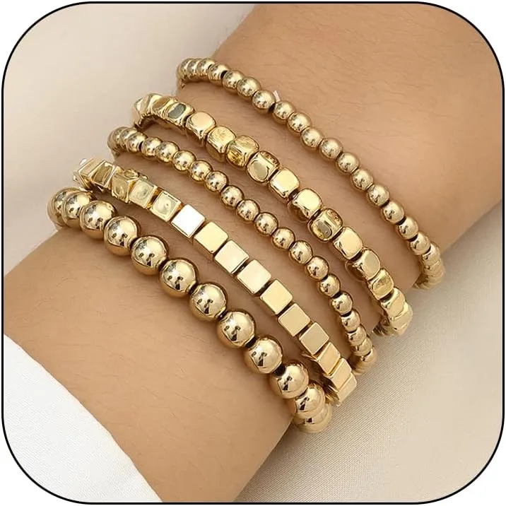 CSIYANJRY99 Silver Beaded Bracelets for Women Gold Stackable Stretch Bead Bracelet Set Beads Bracelet Stack Pack Hand Jewelry