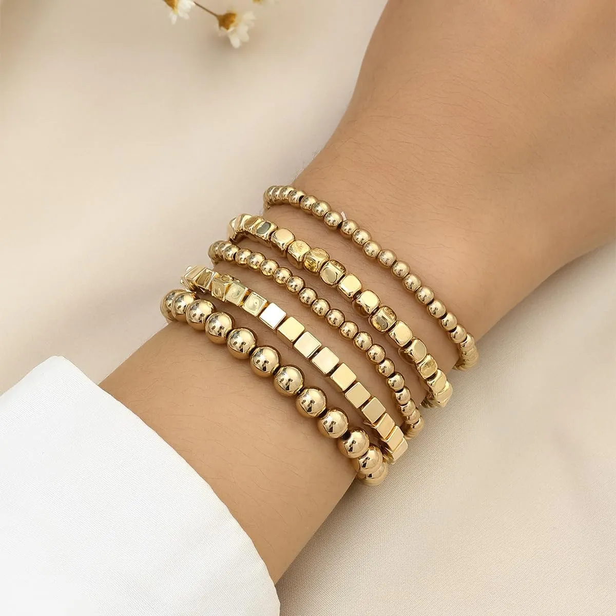 CSIYANJRY99 Silver Beaded Bracelets for Women Gold Stackable Stretch Bead Bracelet Set Beads Bracelet Stack Pack Hand Jewelry