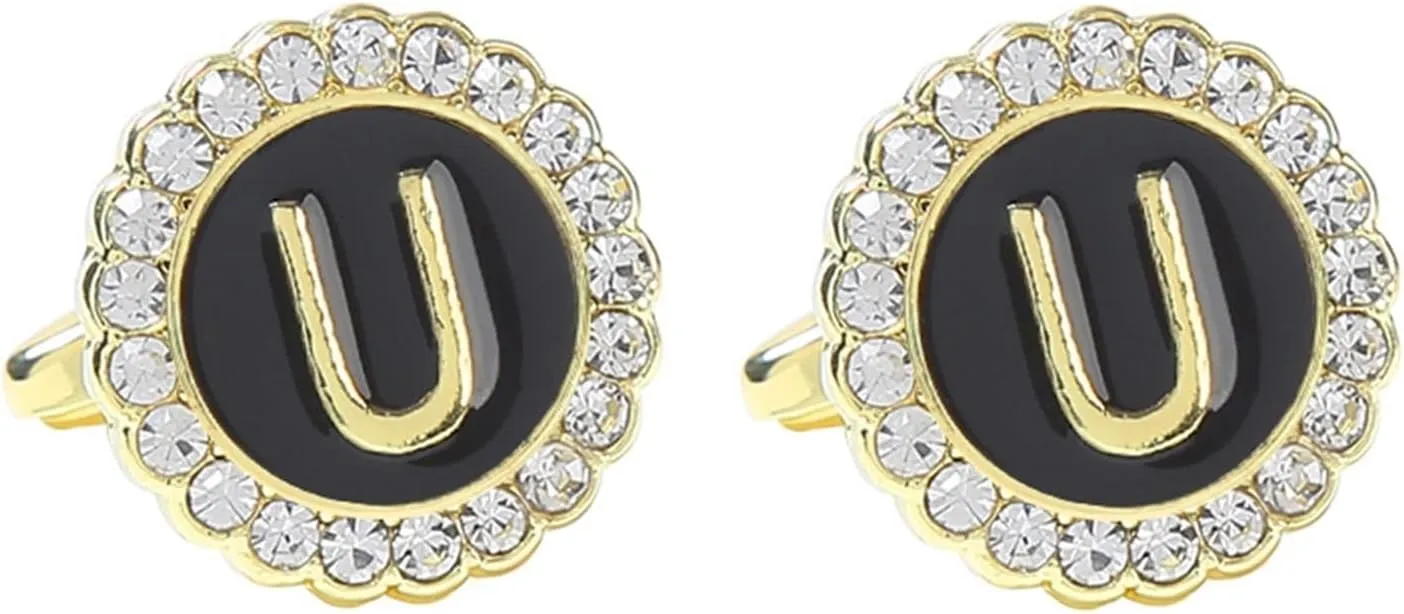 Cufflink Shirts for Men Men's Black Cuff Links Cubic Zirconia Gold Silver Plated 26 Letters for Husband Dad Valentines Day Business Fathers Day