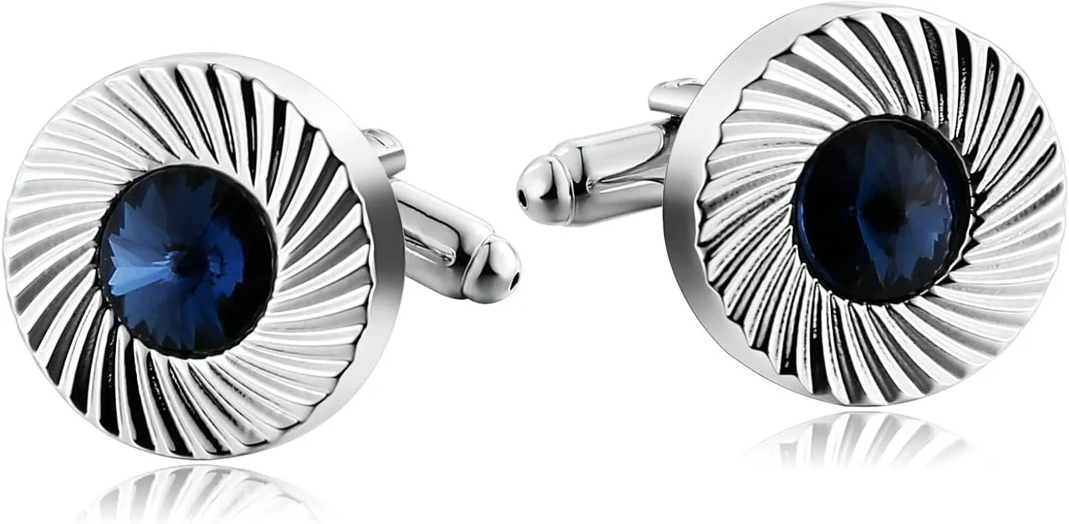 Cufflinks, Men Cufflinks Business Birthday Groom Gifts Stainless Steel Red Round Shape Cubic Zirconia Striped Pattern Cz Circular Design