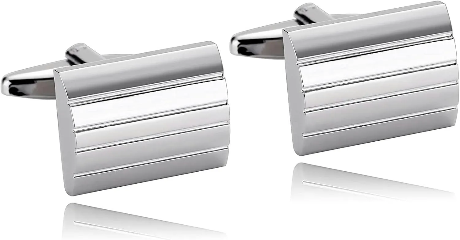 Cufflinks Vintage, Men Cufflinks Christmas Wedding Groom Gifts Silver Stainless Steel Cuff Links Curved Rectangle Design Size 18x14mm