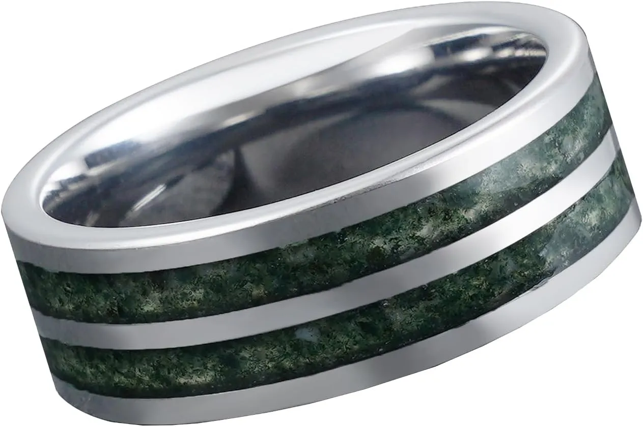 Custom Green Moss Agate Band Ring for Men Women Comfort Fit Statement Engagement Promise Bridal Wedding Jewelry Gifts for Father Teens Friend Polished Finish Width 4/6/8mm