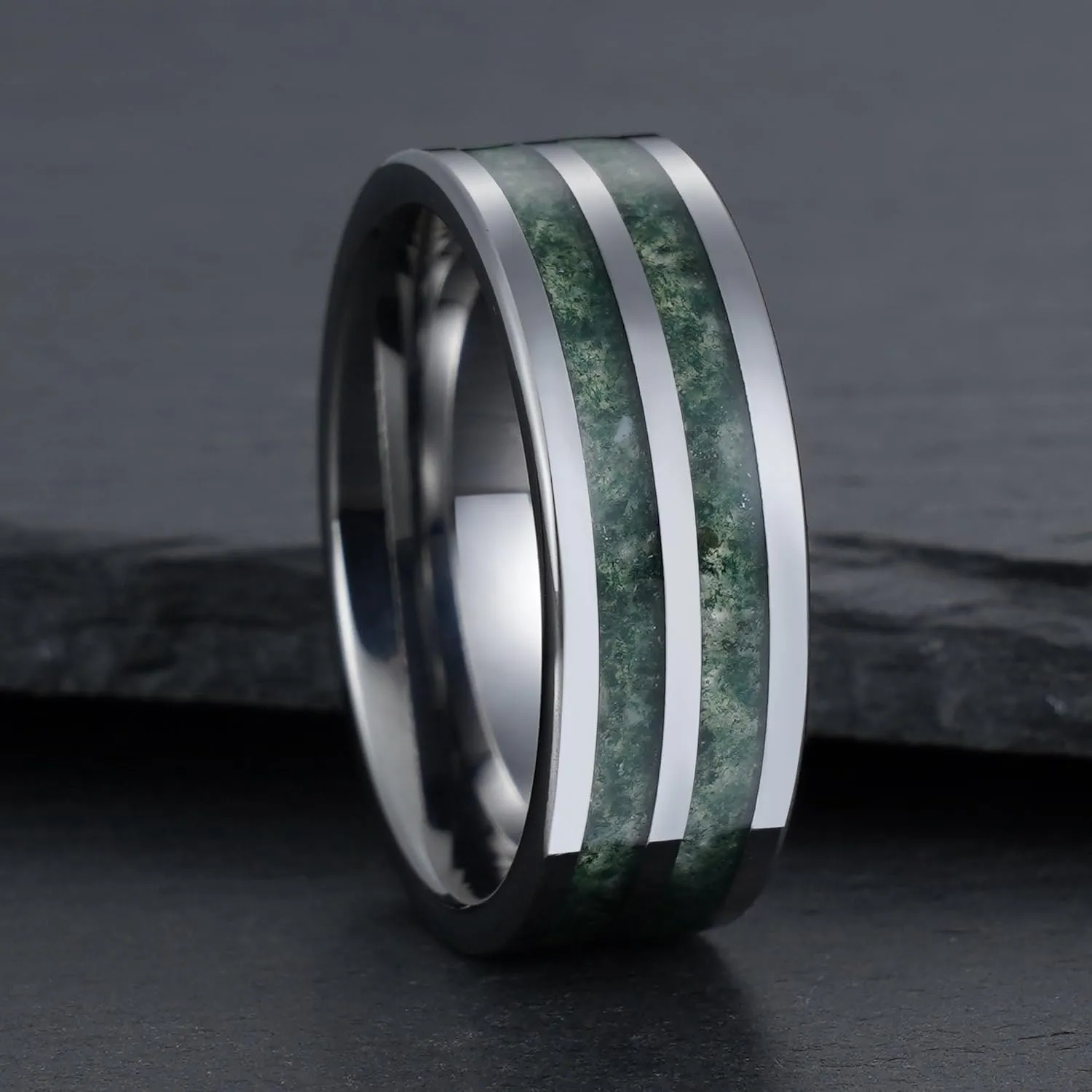 Custom Green Moss Agate Band Ring for Men Women Comfort Fit Statement Engagement Promise Bridal Wedding Jewelry Gifts for Father Teens Friend Polished Finish Width 4/6/8mm
