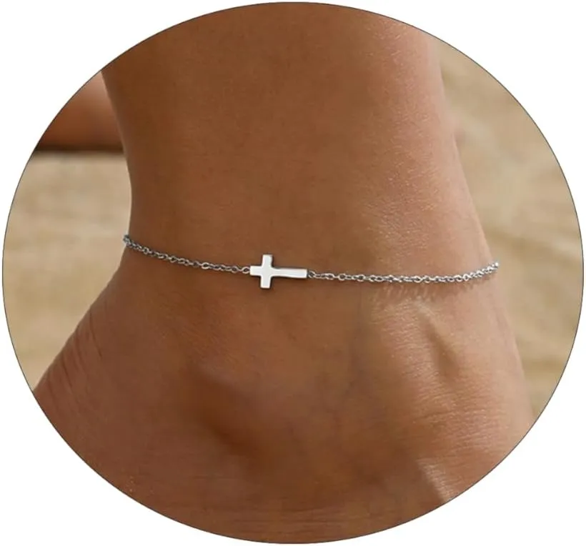 Dainty Ankle Bracelets for Women 18K Gold Plated Tiny Cross Satellite Chain Anklets Y Shaped CZ Ankle Bracelet Waterproof Minimalist Beach Foot Jewelry for Women
