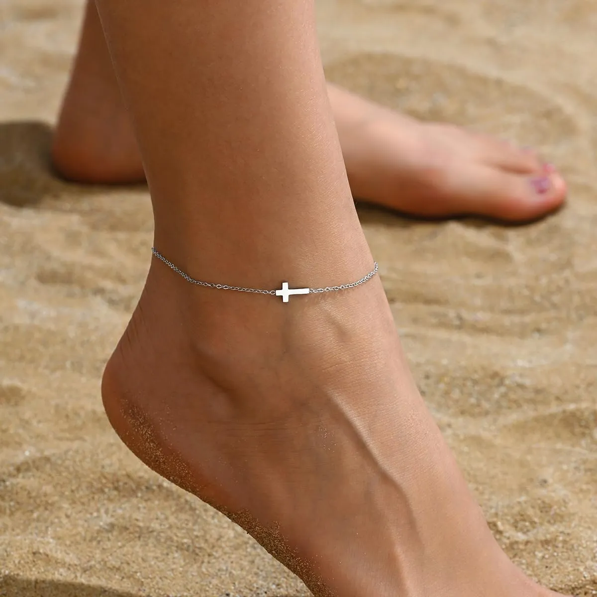 Dainty Ankle Bracelets for Women 18K Gold Plated Tiny Cross Satellite Chain Anklets Y Shaped CZ Ankle Bracelet Waterproof Minimalist Beach Foot Jewelry for Women