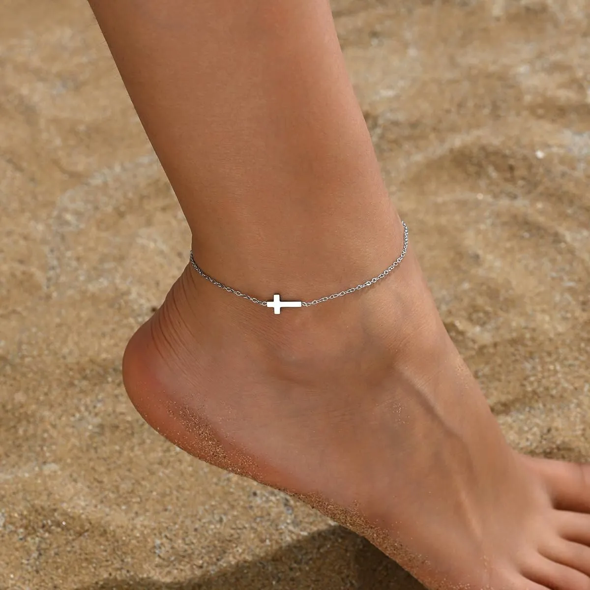 Dainty Ankle Bracelets for Women 18K Gold Plated Tiny Cross Satellite Chain Anklets Y Shaped CZ Ankle Bracelet Waterproof Minimalist Beach Foot Jewelry for Women