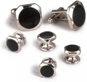 Dallas Black Onyx Tuxedo Cufflinks and Studs Set Silver Trim