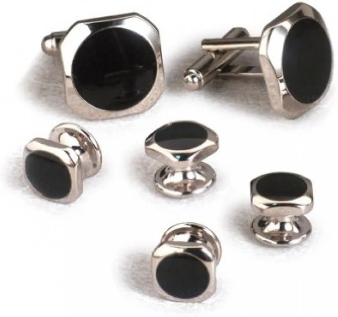 Dallas Black Onyx Tuxedo Cufflinks and Studs Set Silver Trim